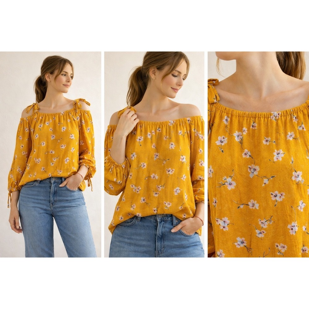 Mustard Floral Boho Blouse Womens L XL Tie Shoulder Peasant Top Rayon